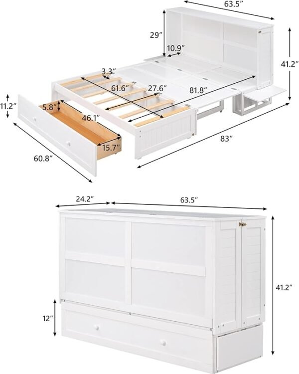 Queen Murphy Bed Cube Cabinet, Wood Murphy Bed Chest Bed with Drawer, 63'' Foldable Cabinet Bed for Dorm Loft Corner or Small Space