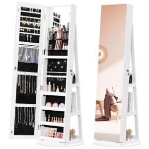 White Full Length Mirror with Lockable Storage + LED Makeup Mirror